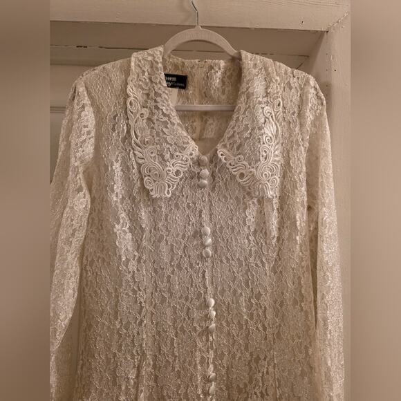 Vtg 80s Elegant Ivory Lace Button-Down Maxi Dress Sheer W/Slip Dress Bridal - Picture 5 of 15